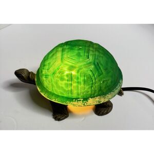 Vintage Brass‎ Frosted Green Glass Shell Turtle Table Lamp Night Light WORKS